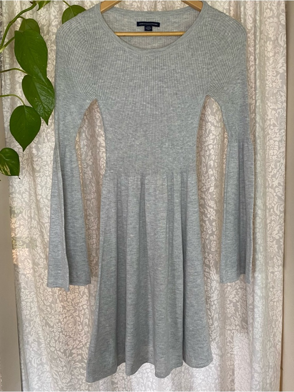 American Eagle Ribbed Knit Fit-and-Flare Dress in Light Grey